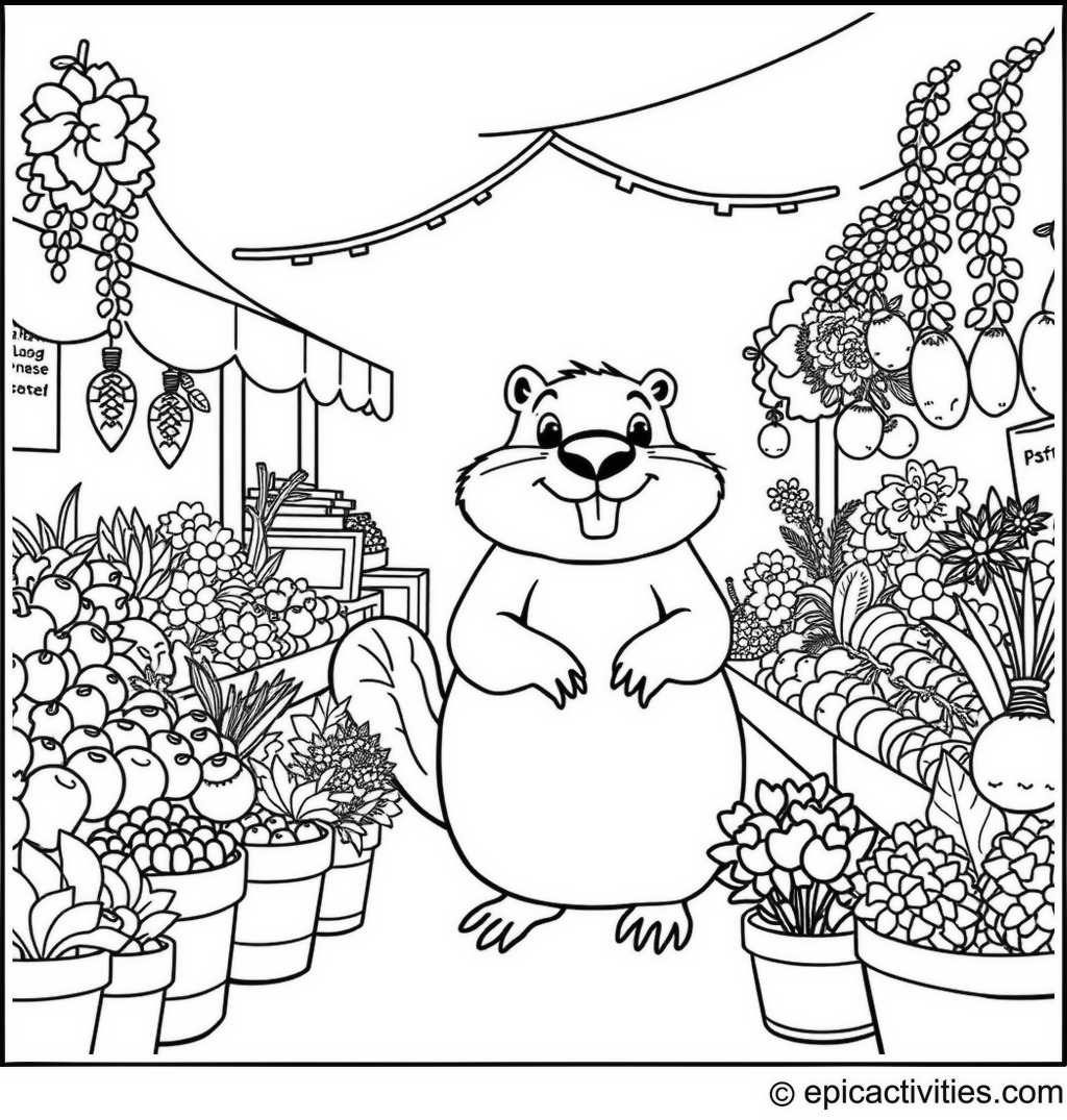 Coloring page of a Busy Farmer’s Market with a Cartoon Beaver