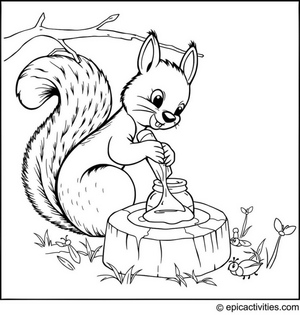 Coloring page of a Busy Squirrel Harvesting Honey from a Beehive