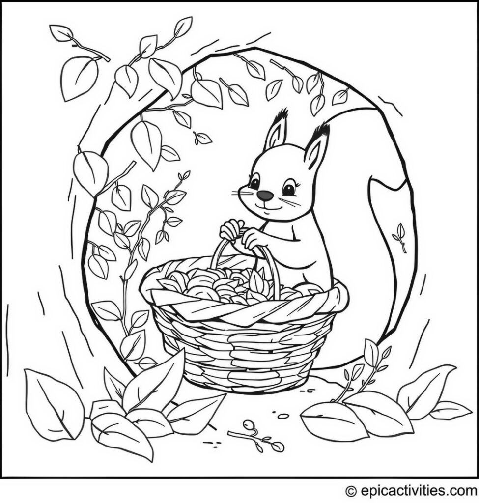 Coloring page of a Busy Squirrel Weaving a Basket in a Cozy Woodland Nook