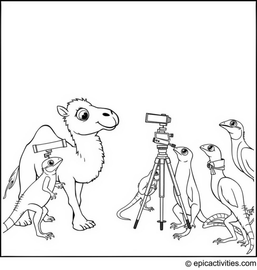 Coloring page of a Camel Directing a Film with Lizards and Birds Camera Crew
