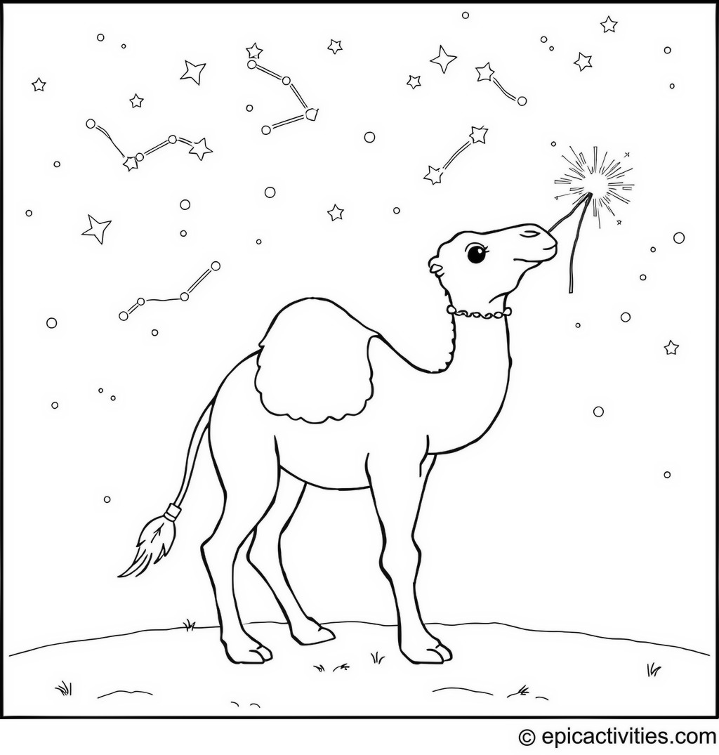 Coloring page of a Camel Making Constellations with a Sparkler in the Night Sky