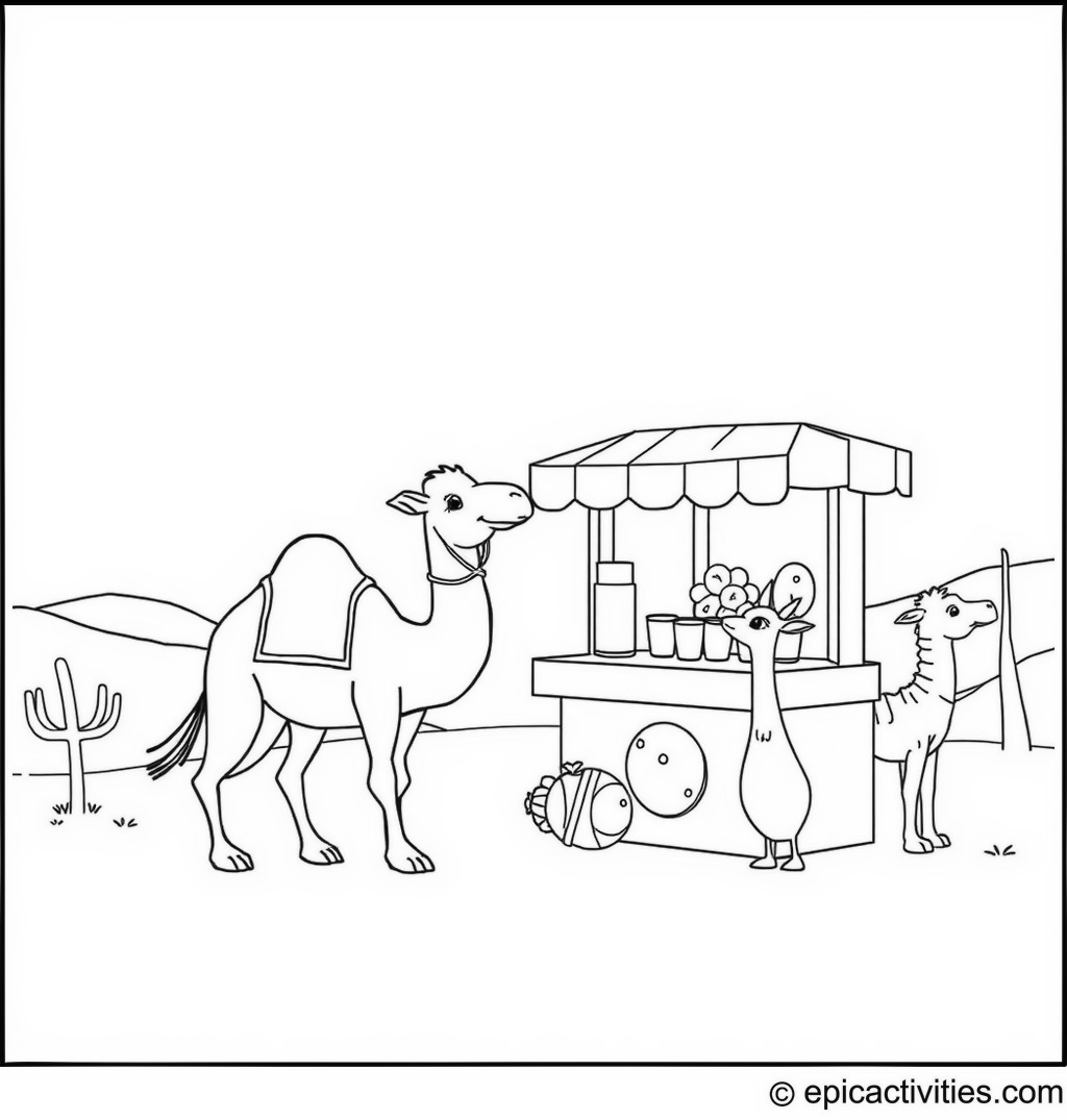 Coloring page of a camel operating a lemonade stand in the desert with other animals