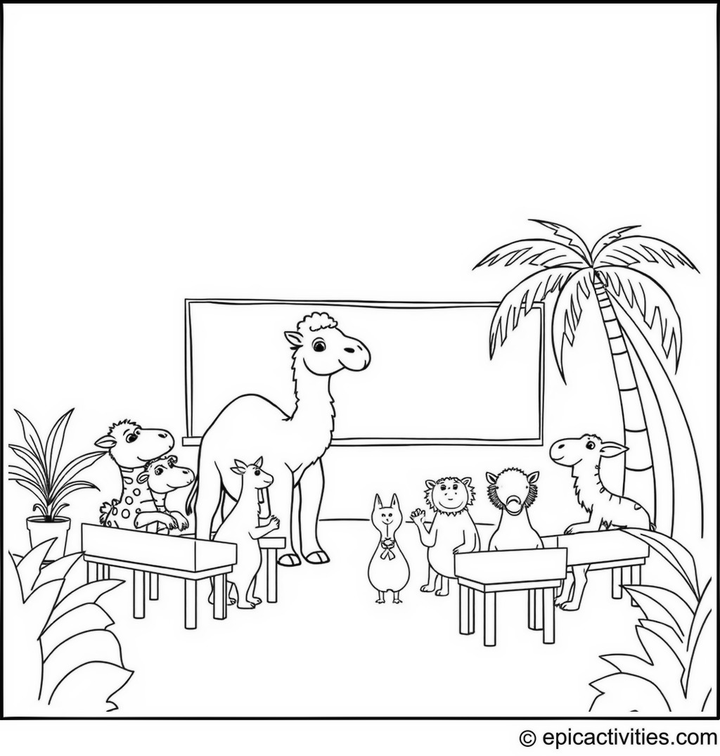 Coloring page of a camel teaching young animals in a classroom under a palm tree