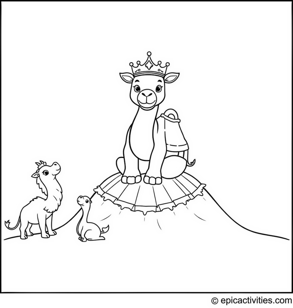 Coloring page of a Camel Wearing a Crown and Sitting on a Sand Throne with Bowing Animals