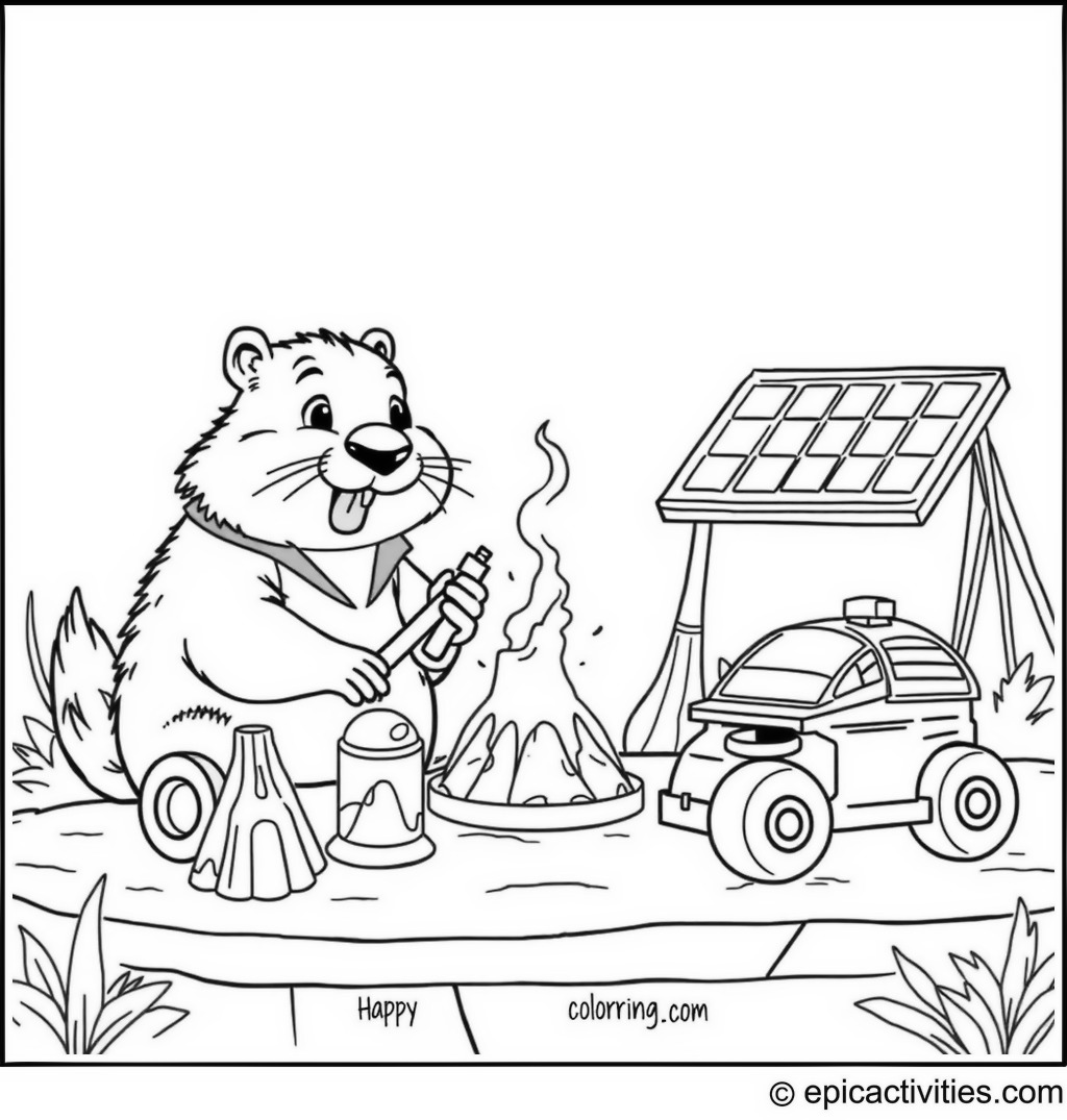 Coloring page of a Cartoon Beaver at an Outdoor Science Fair