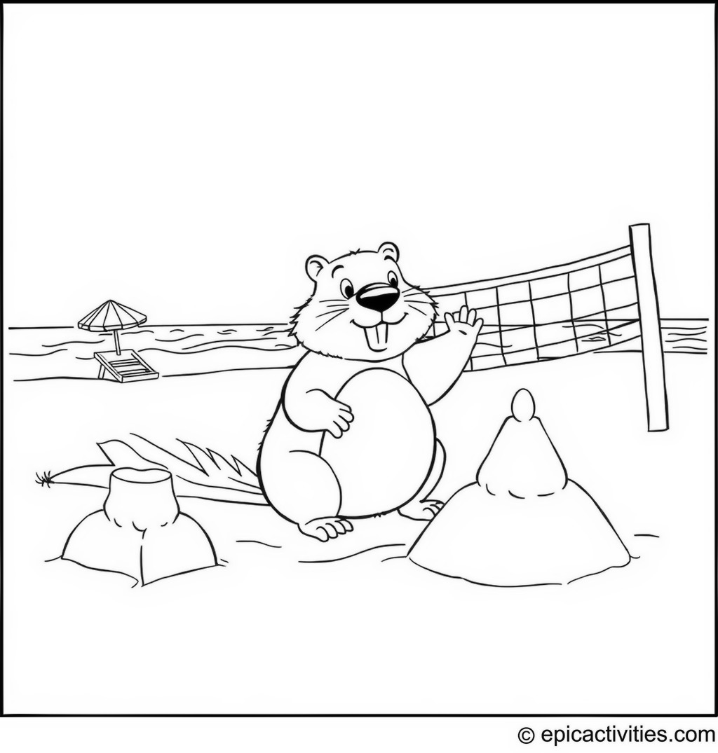 Coloring page of a Cartoon Beaver Beach Fun