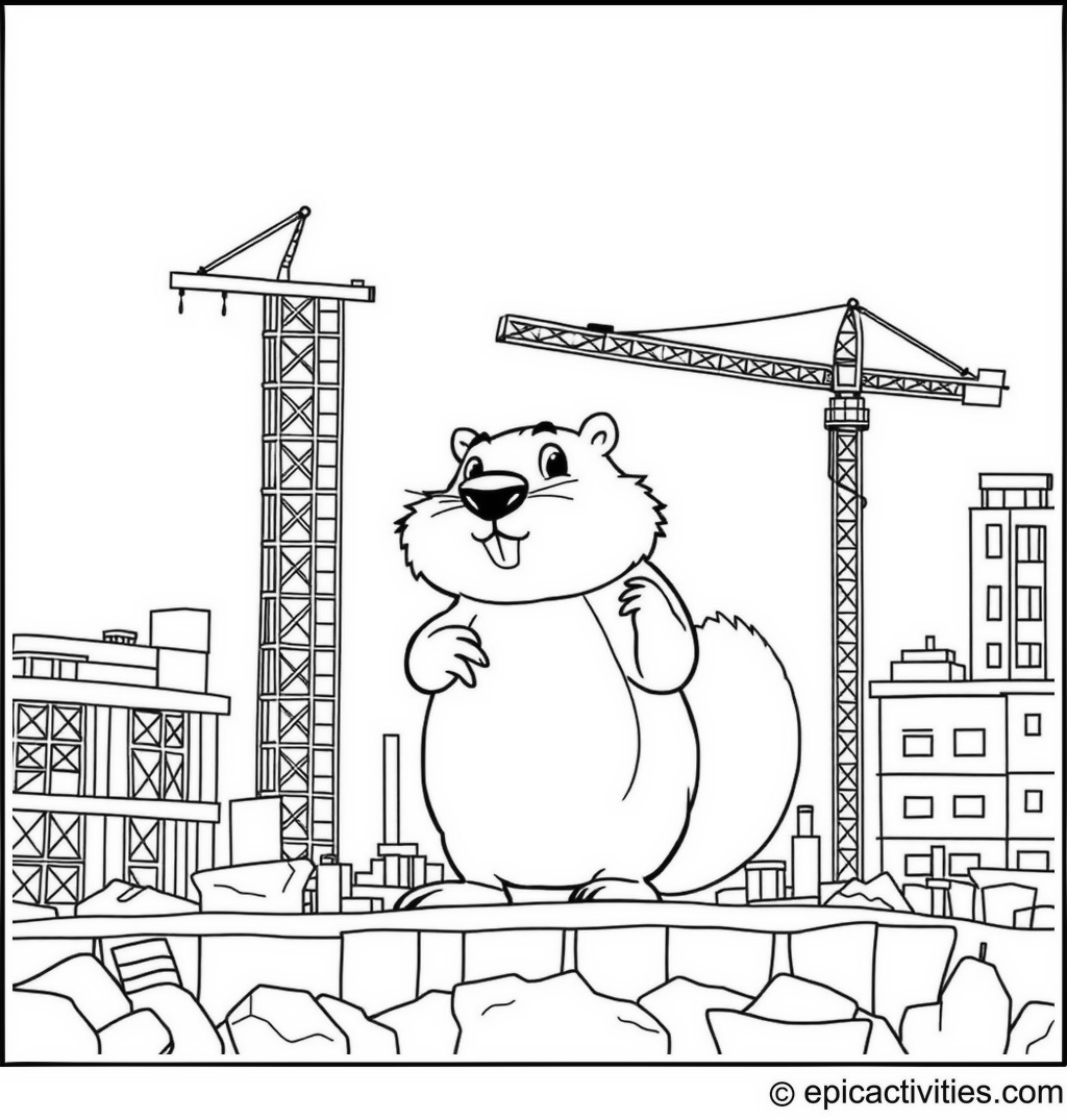 Coloring page of a Cartoon Beaver Building a High-rise at a Construction Site