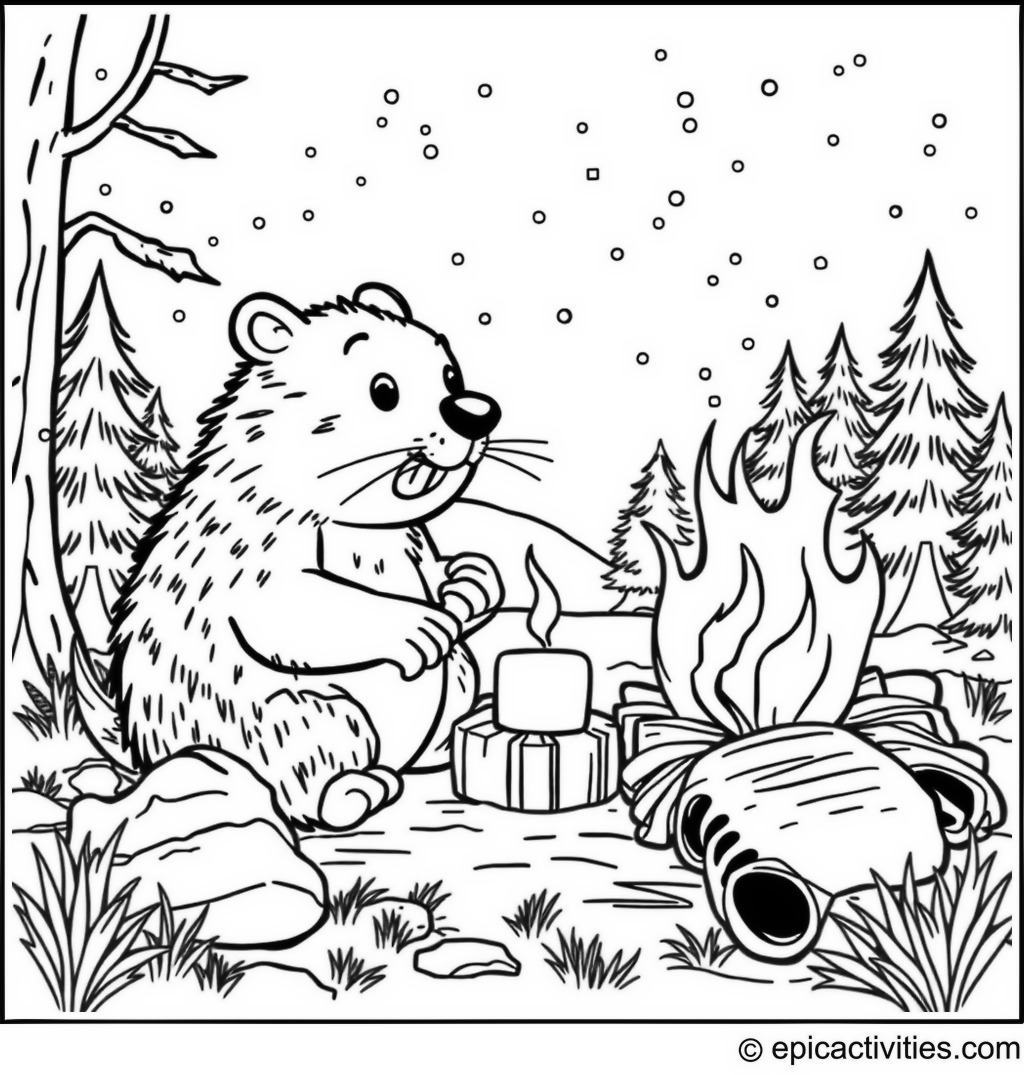Coloring page of a Cartoon Beaver Camping Scene with Marshmallows