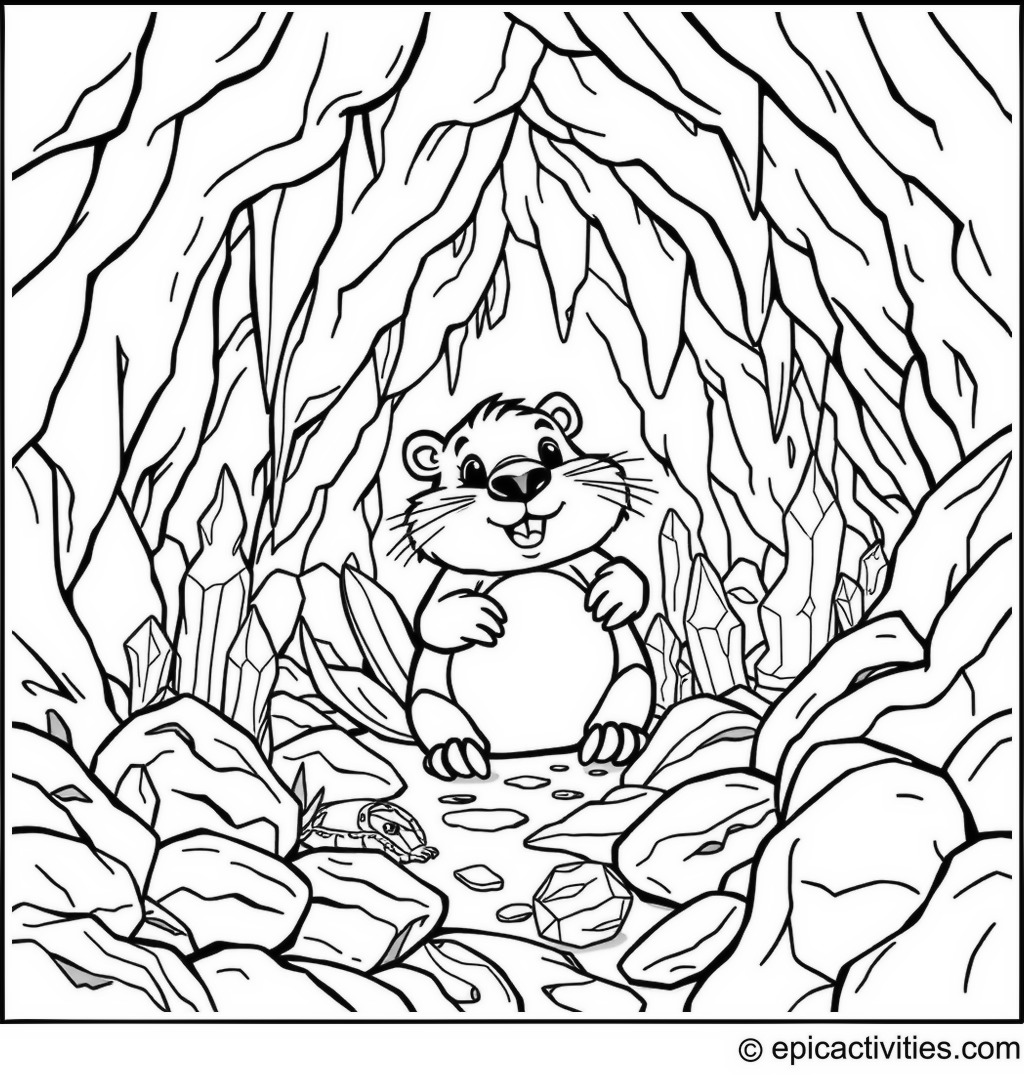 Coloring page of a Cartoon Beaver Exploring a Magical Cave