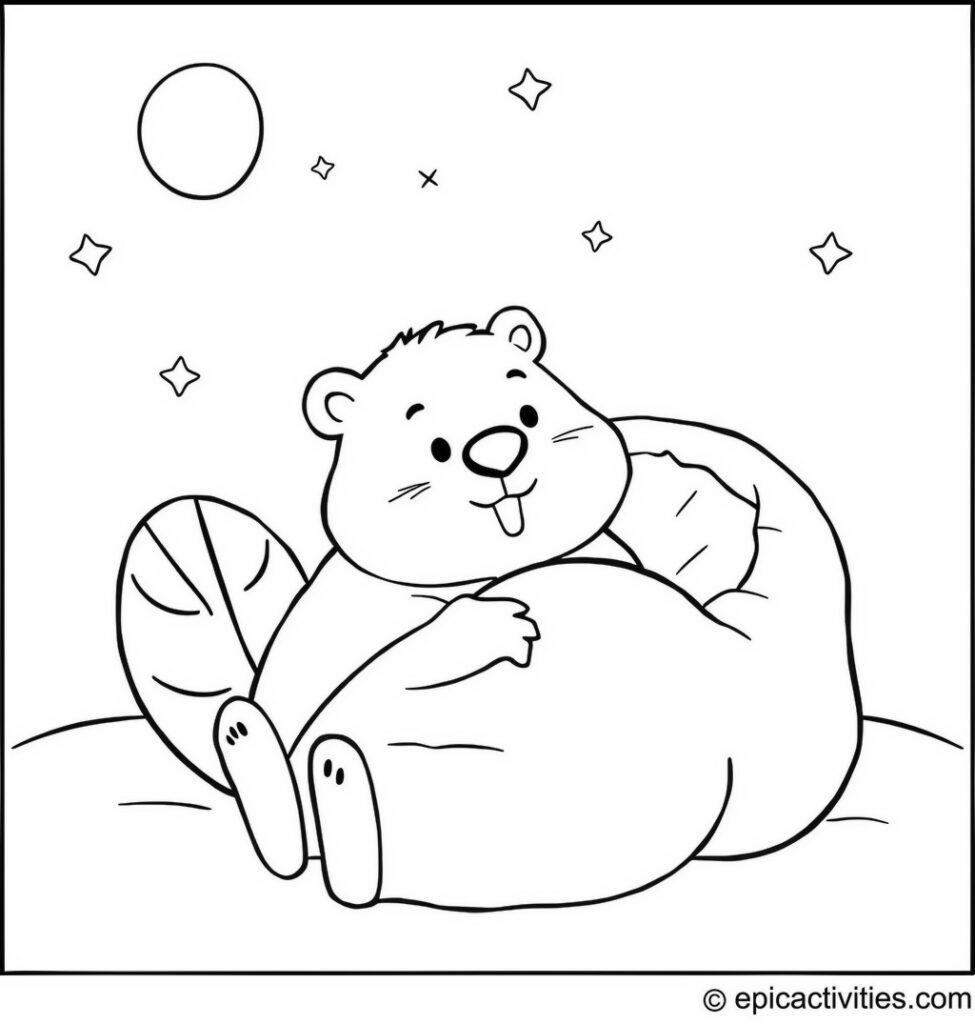 Coloring page of a Cartoon Beaver Having a Sleepover in a Starry Night