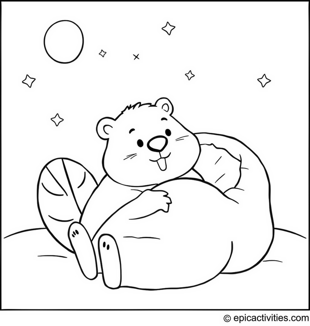 Coloring page of a Cartoon Beaver Having a Sleepover in a Starry Night