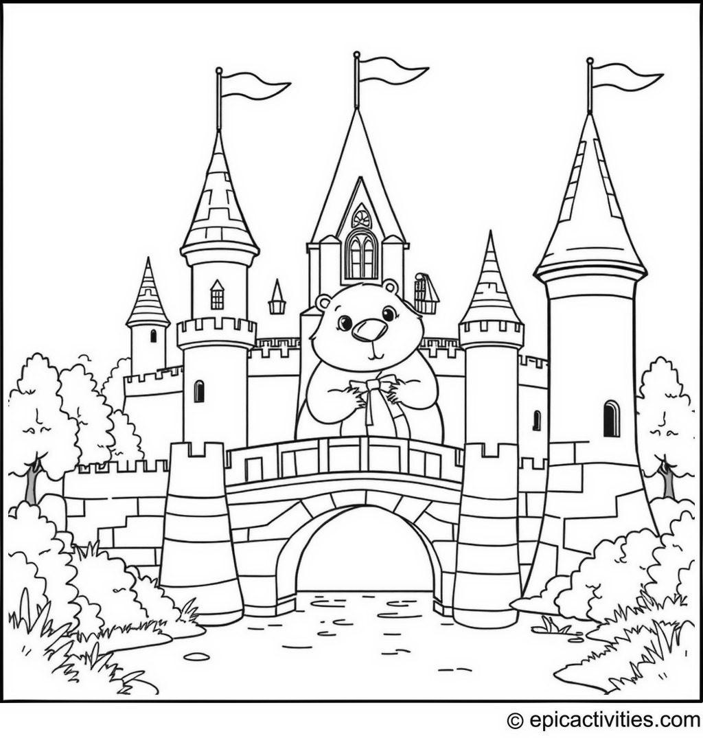 Coloring page of a Cartoon Beaver in a Fairy Tale Castle