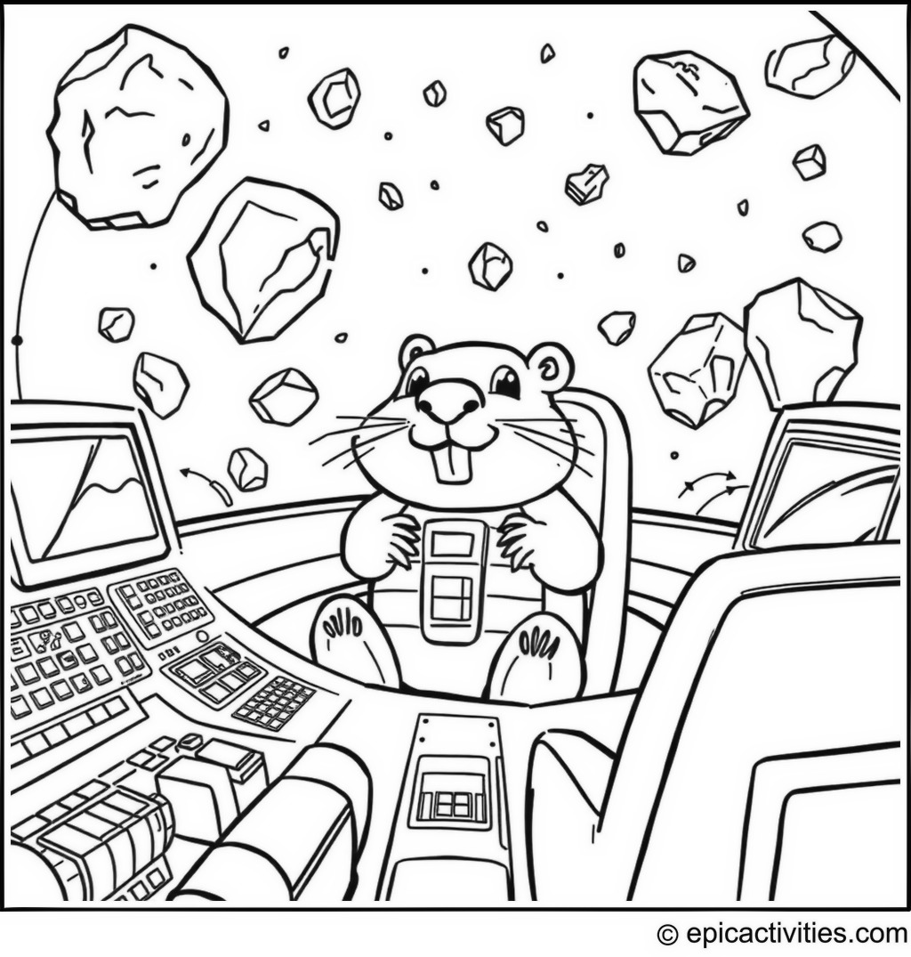 Coloring page of a Cartoon Beaver in a Spaceship Navigating an Asteroid Field