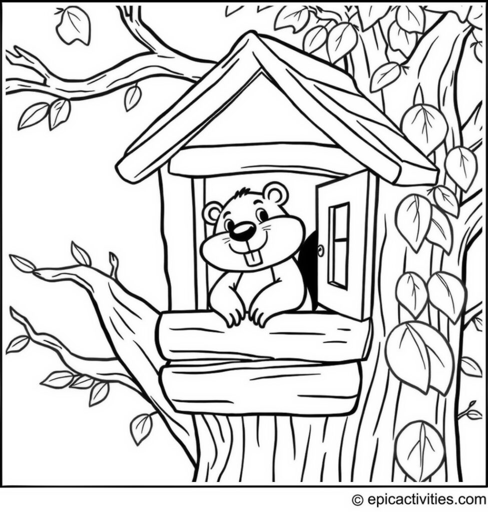 Coloring page of a Cartoon Beaver in a Treehouse