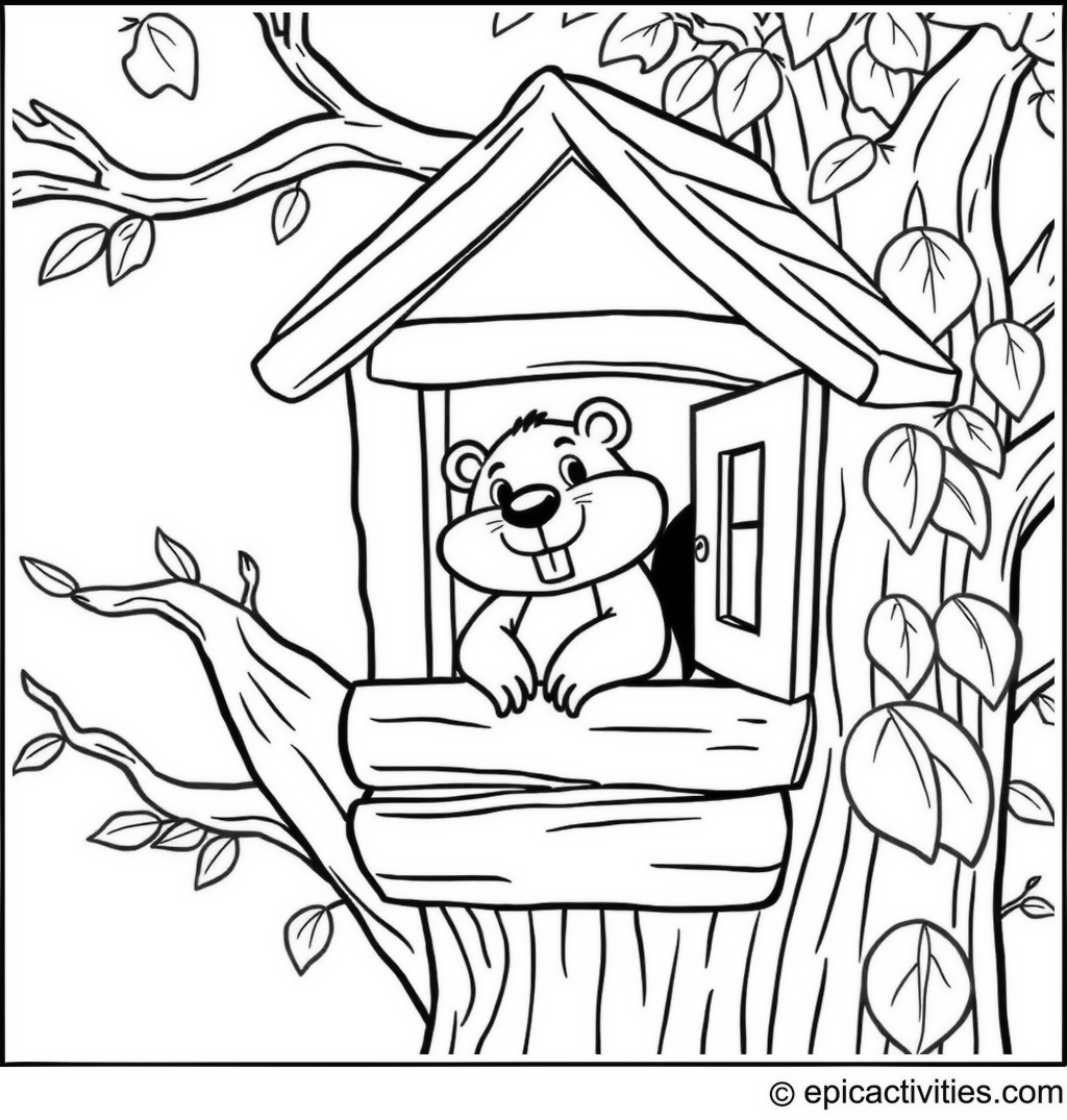 Coloring page of a Cartoon Beaver in a Treehouse