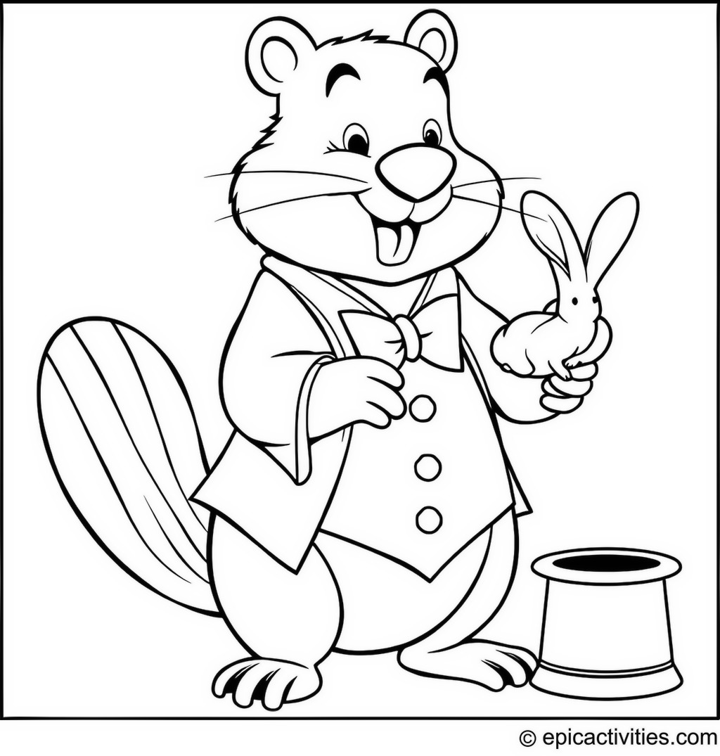 Coloring page of a Cartoon Beaver Magician Performing Magic Tricks