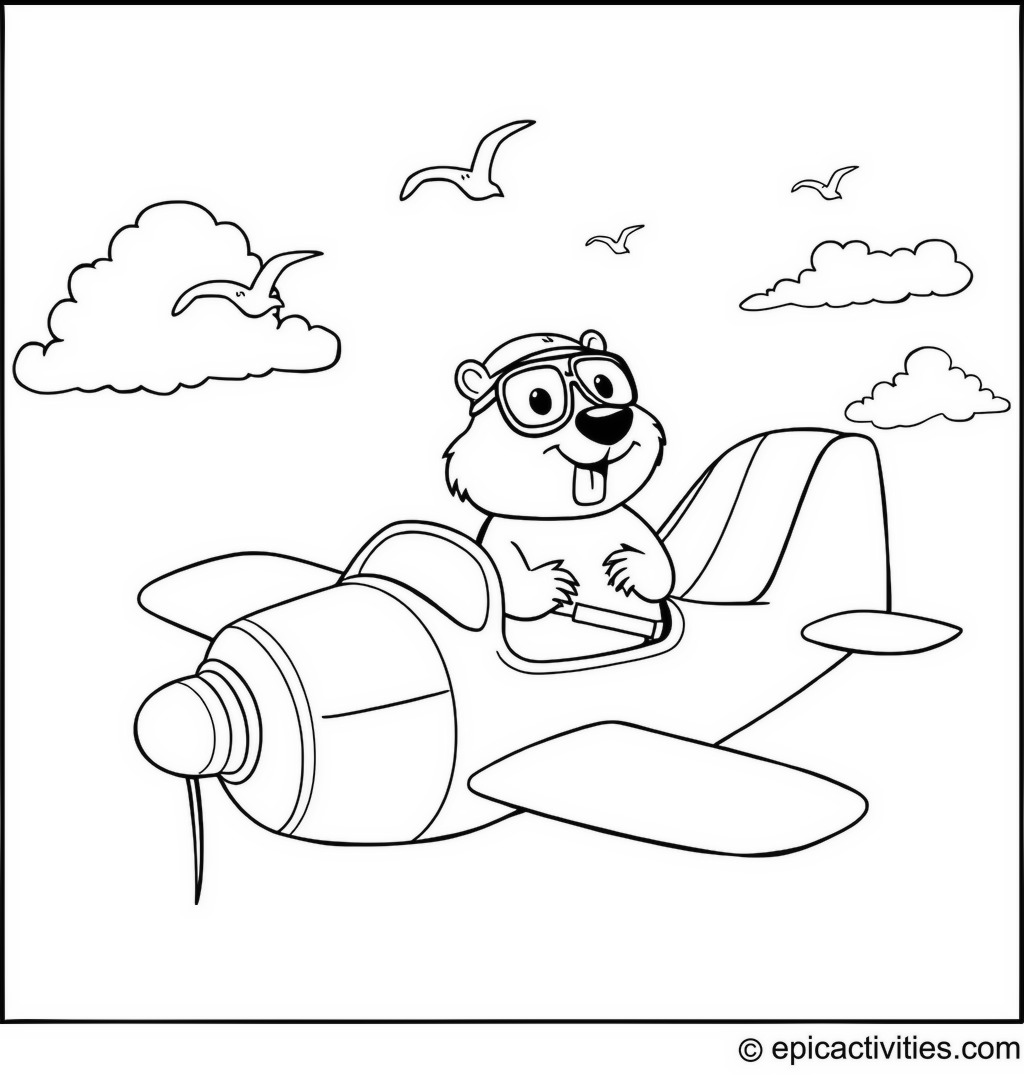 Coloring page of a Cartoon Beaver Pilot Flying an Airplane
