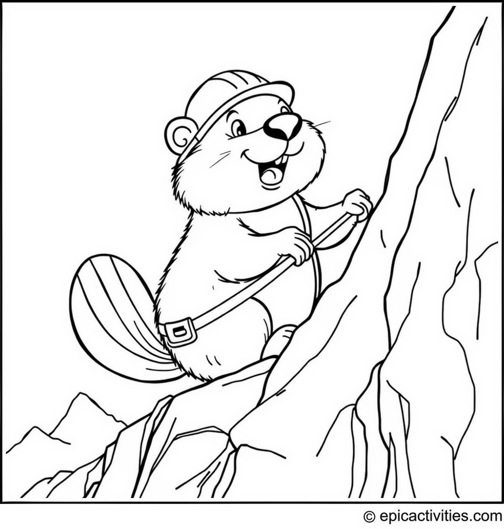 Coloring page of a Cartoon Beaver Rock Climbing on a Mountain