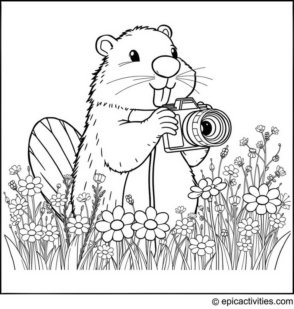 Coloring page of a Cartoon Beaver Taking Photos in a Field of Wildflowers