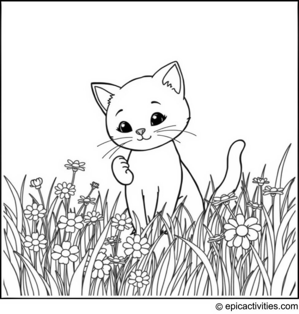 Coloring page of a Cartoon Cat Picking Daisies in a Meadow