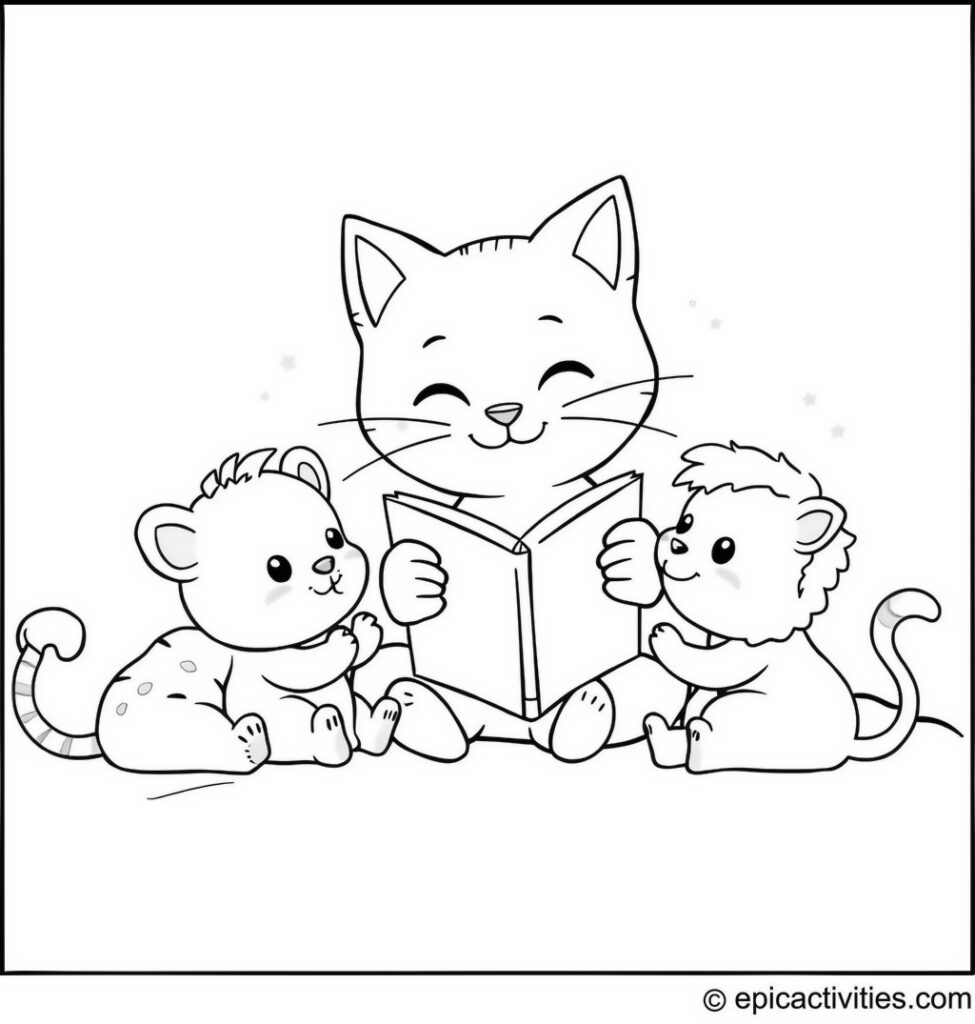 Coloring page of a Cartoon Cat Reading a Bedtime Story to Baby Animals