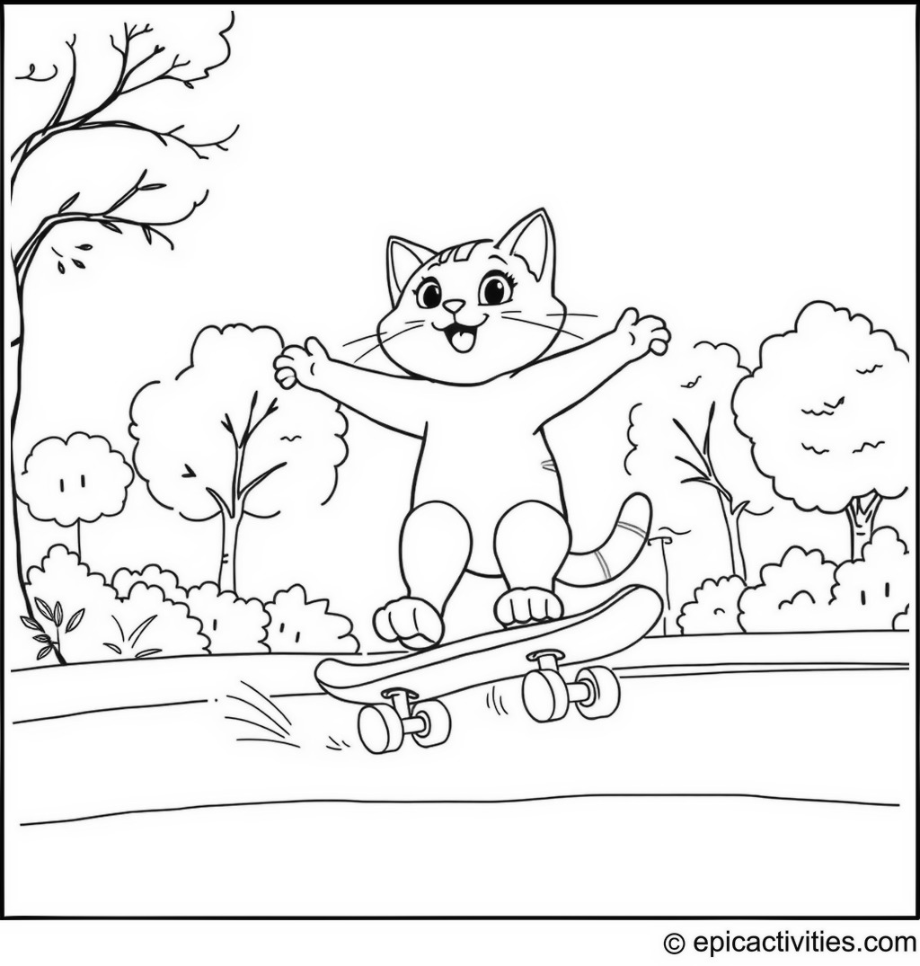 Coloring page of a Cartoon Cat Riding a Skateboard in the Park