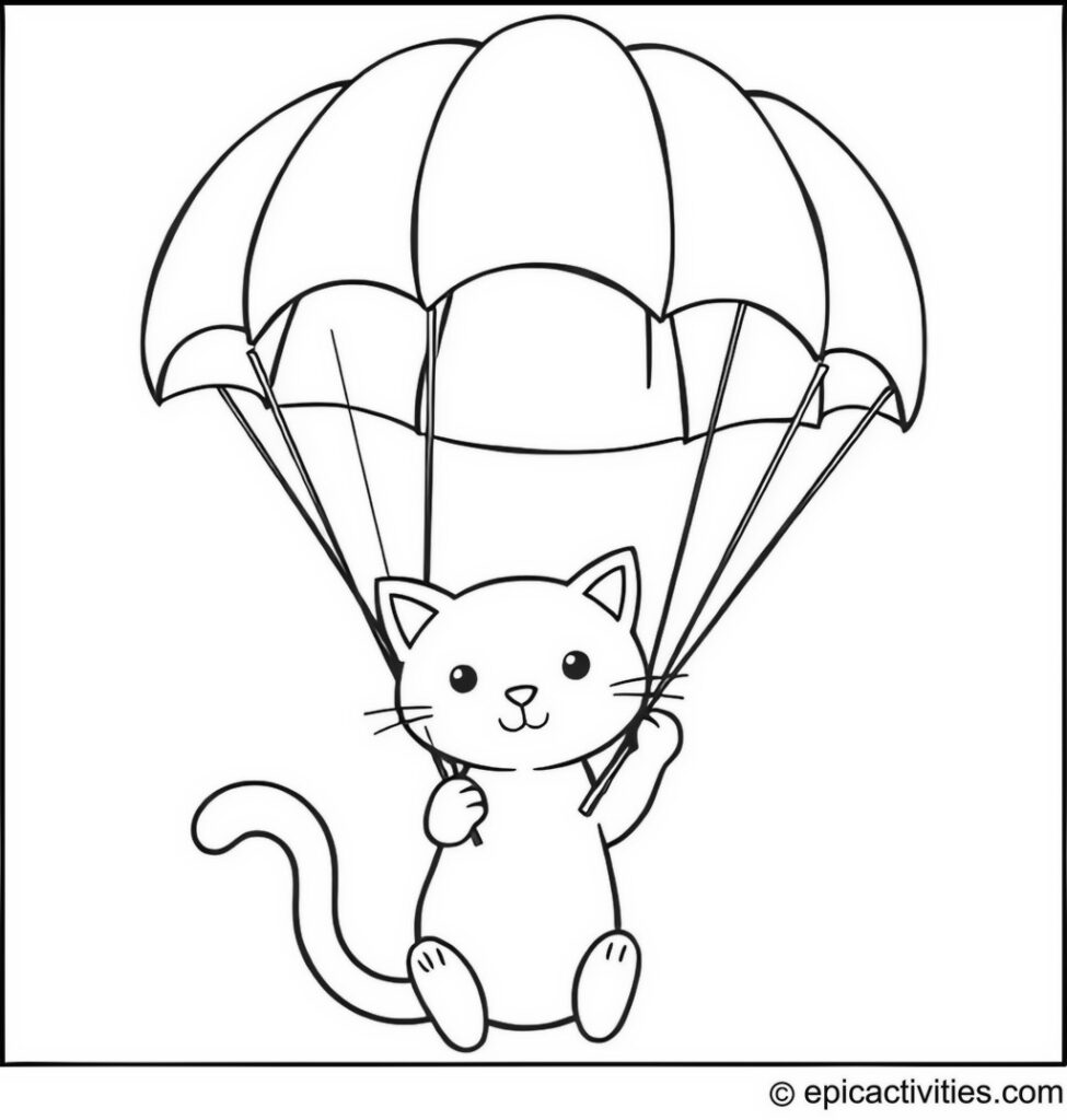 Coloring page of a Cartoon Cat with a Giant Leaf Parachute