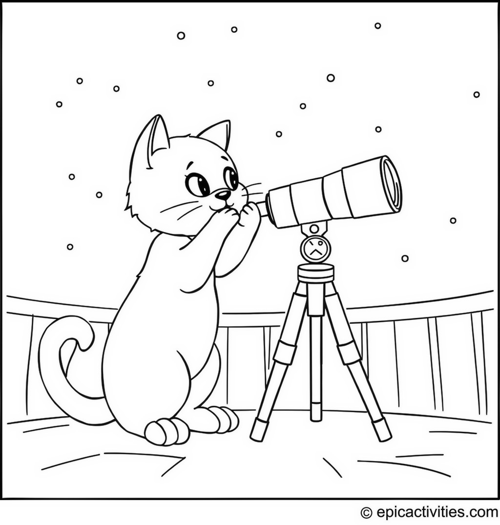 Coloring page of a Cartoon Cat with a Telescope in an Observatory
