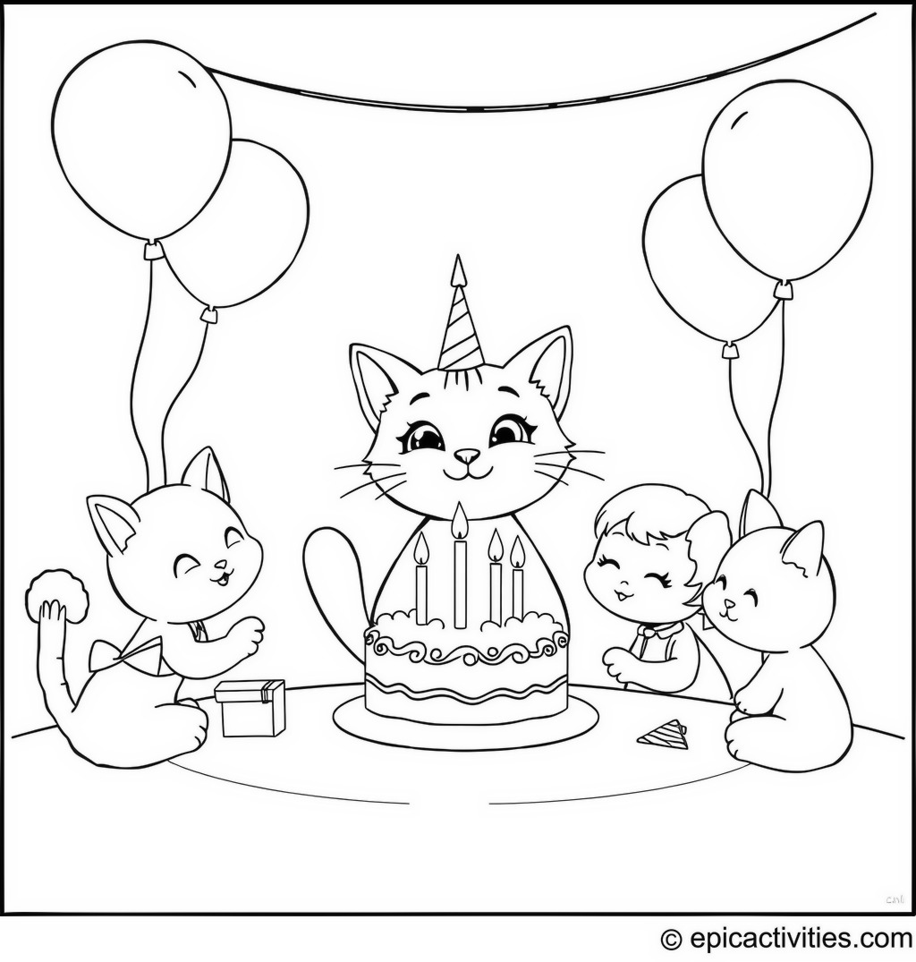 Coloring page of a Cartoon Cat’s Birthday Party