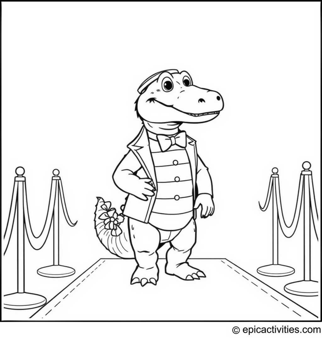 Coloring page of a Cartoon Crocodile as a Movie Star Walking the Red Carpet
