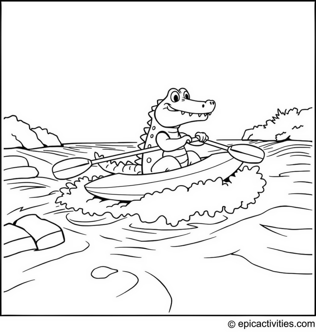 Coloring page of a Cartoon Crocodile Kayaking Adventure