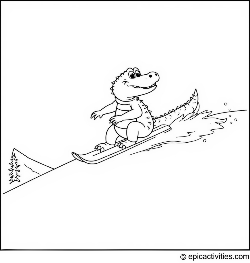 Coloring page of a cartoon crocodile snowboarding down a snowy mountain