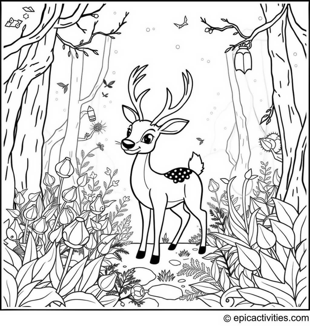 Coloring page of a cartoon deer on an adventure in an enchanted forest