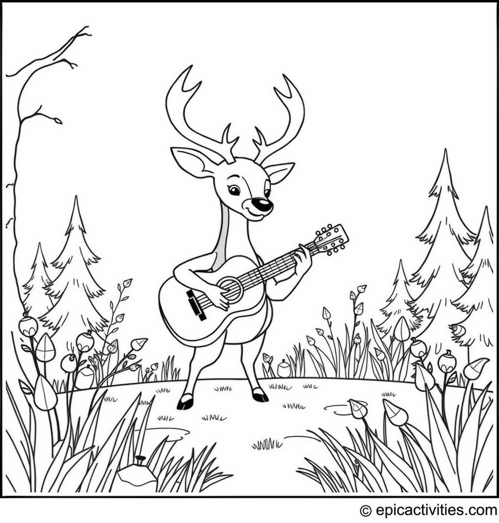 Coloring page of a Cartoon Deer Playing Guitar and Singing in the Woodland Clearing