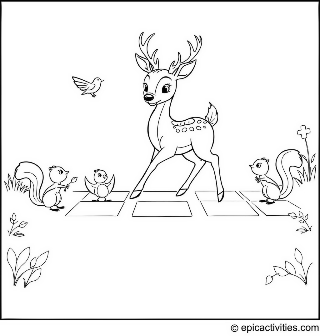 Coloring page of a cartoon deer playing hopscotch with birds and squirrels