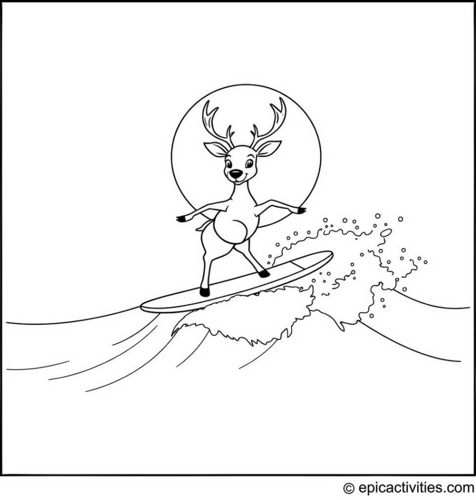 Coloring page of a Cartoon Deer Surfing on Waves