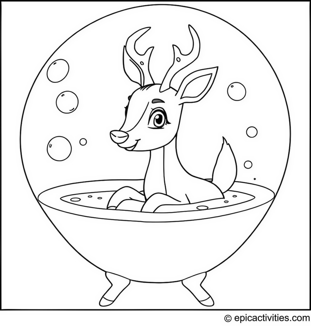 Coloring page of a cartoon deer taking a bubble bath in a big magical bubble