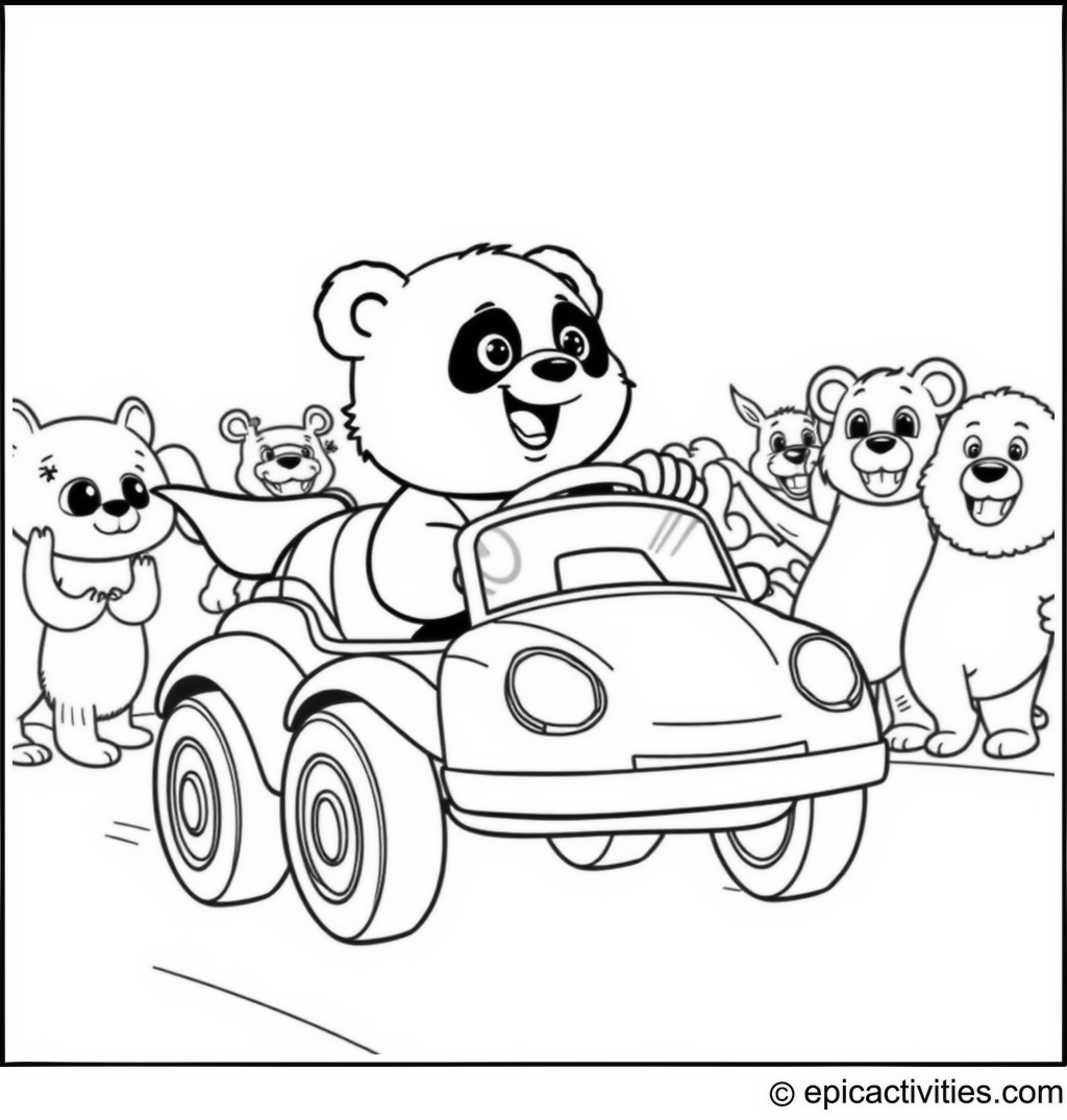 Coloring page of a Cartoon Panda Driving a Toy Car in a Parade with Cheering Animals