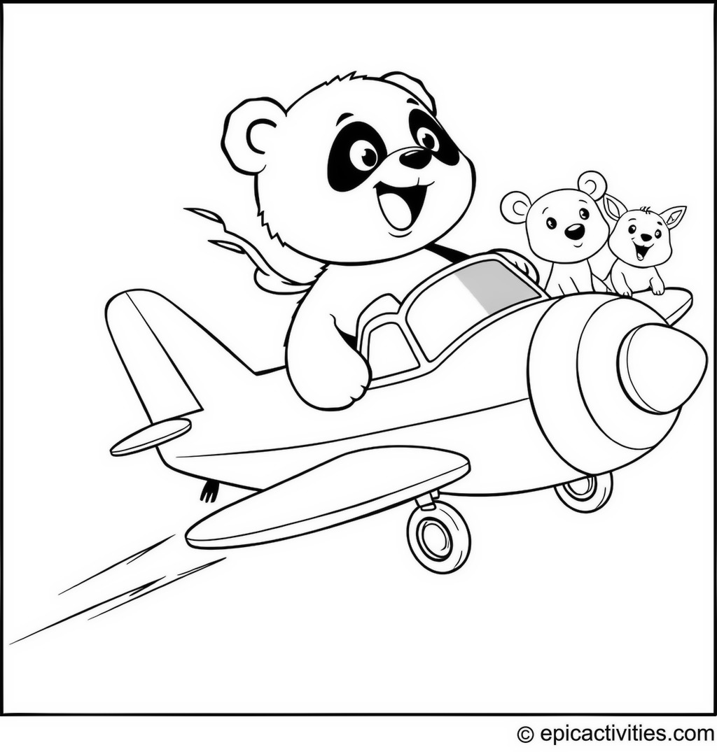 Coloring page of a Cartoon Panda Flying a Toy Plane with Joyful Animals