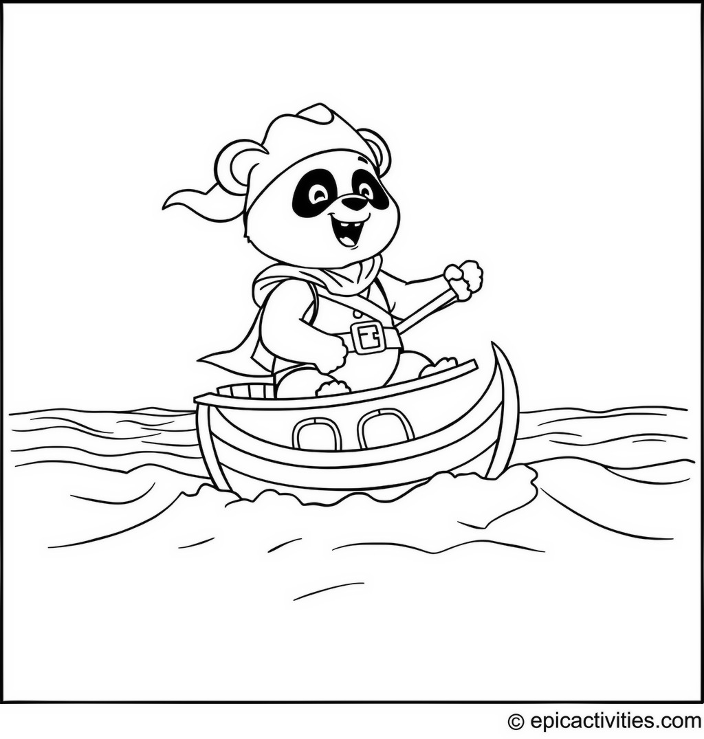 Coloring page of a Cartoon Panda Pirate Sailing a Ship on a Whimsical Sea