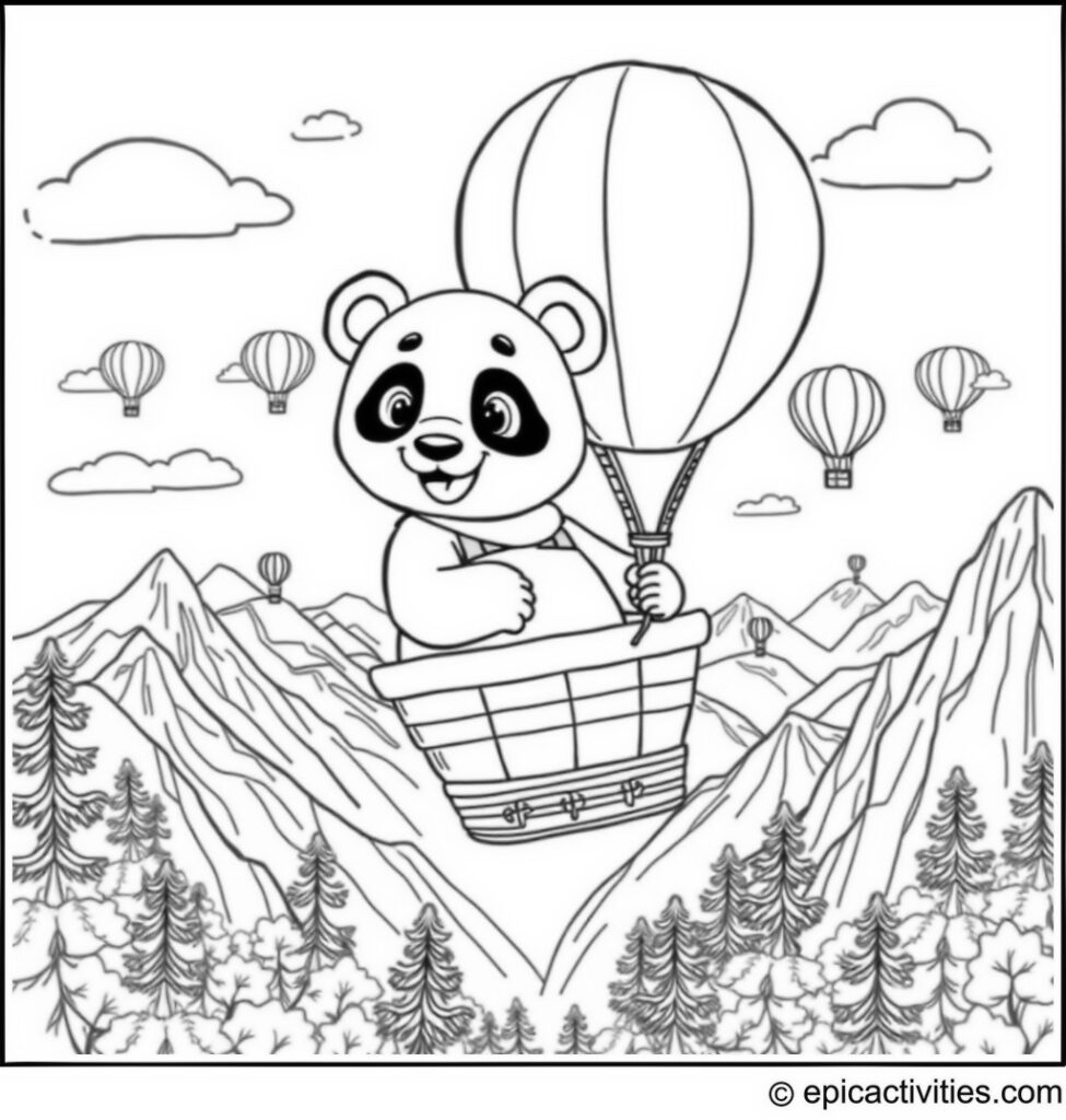 Coloring page of a Cartoon Panda Riding a Hot Air Balloon Over Mountains