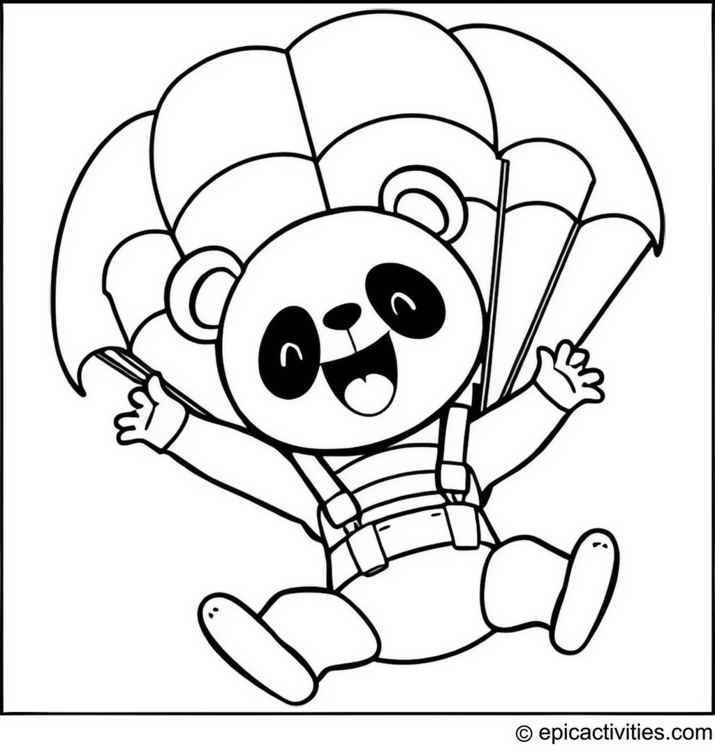 Coloring page of a Cartoon Panda Skydiving with a Rainbow Parachute
