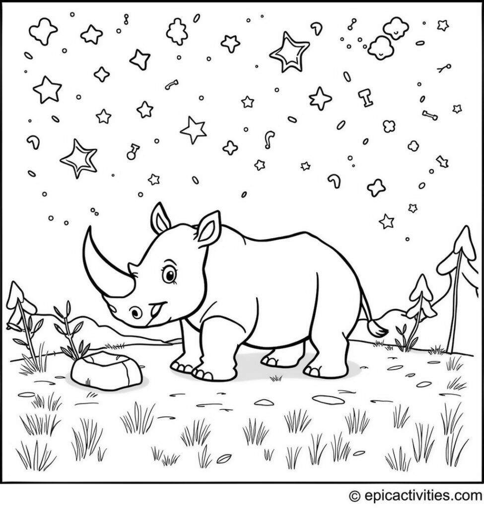Coloring page of a Cartoon Rhino Camping under a Cute, Cartoon Starry Sky with Whimsical Constellations