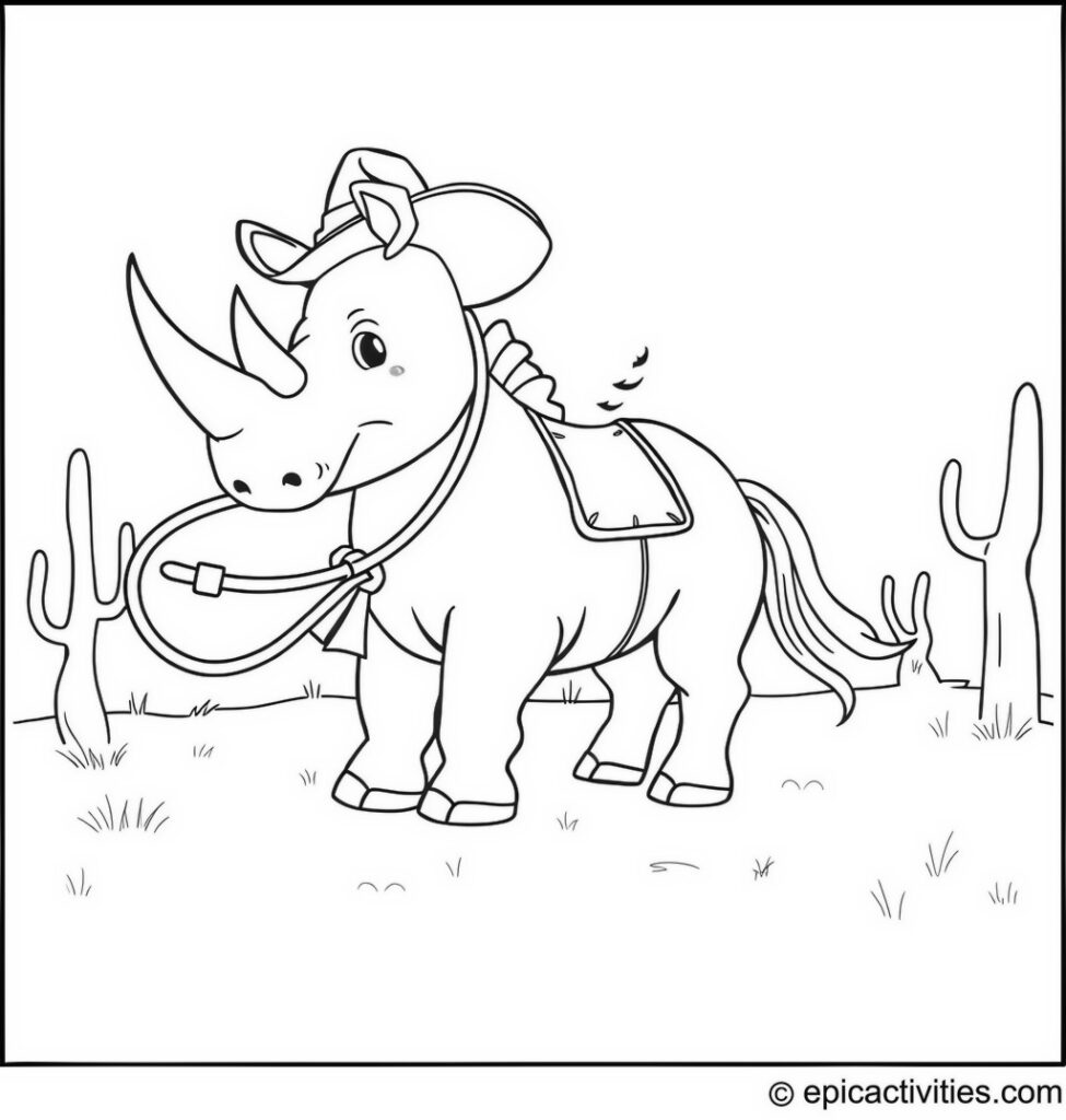 Coloring page of a Cartoon Rhino Cowboy/Girl Roping a Pillow Horse