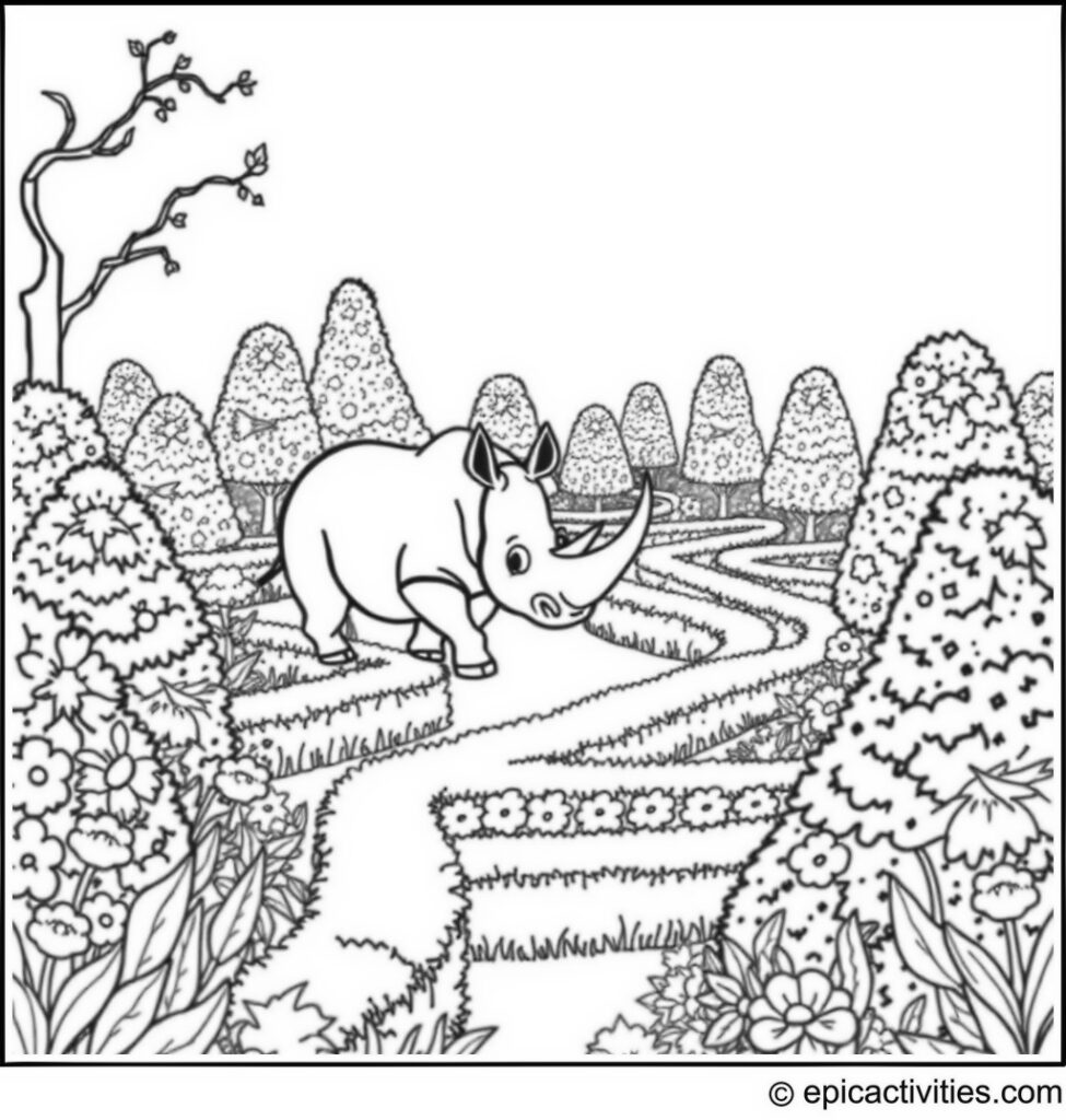 Coloring page of a Cartoon Rhino Exploring a Maze in a Whimsical Garden