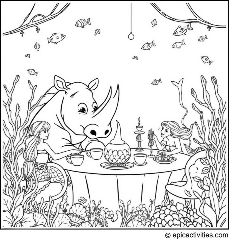 Coloring page of a Cartoon Rhino Hosting an Underwater Tea Party with Mermaids and Sea Decorations
