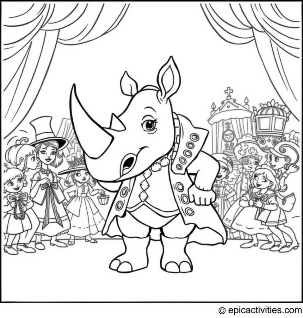 Coloring page of a Cartoon Rhino in a Fancy Fashion Show