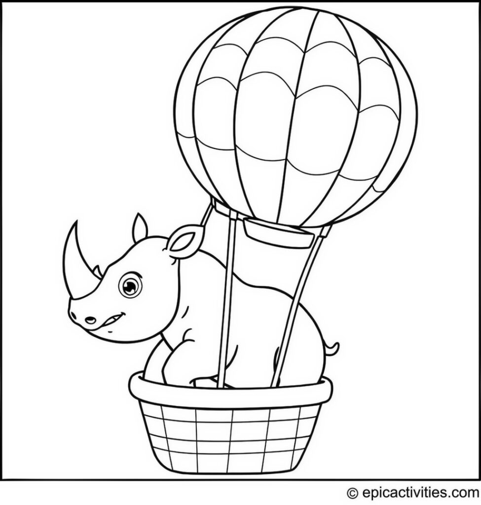 Coloring page of a Cartoon Rhino in a Hot Air Balloon Ride with Patchwork Quilt Pattern