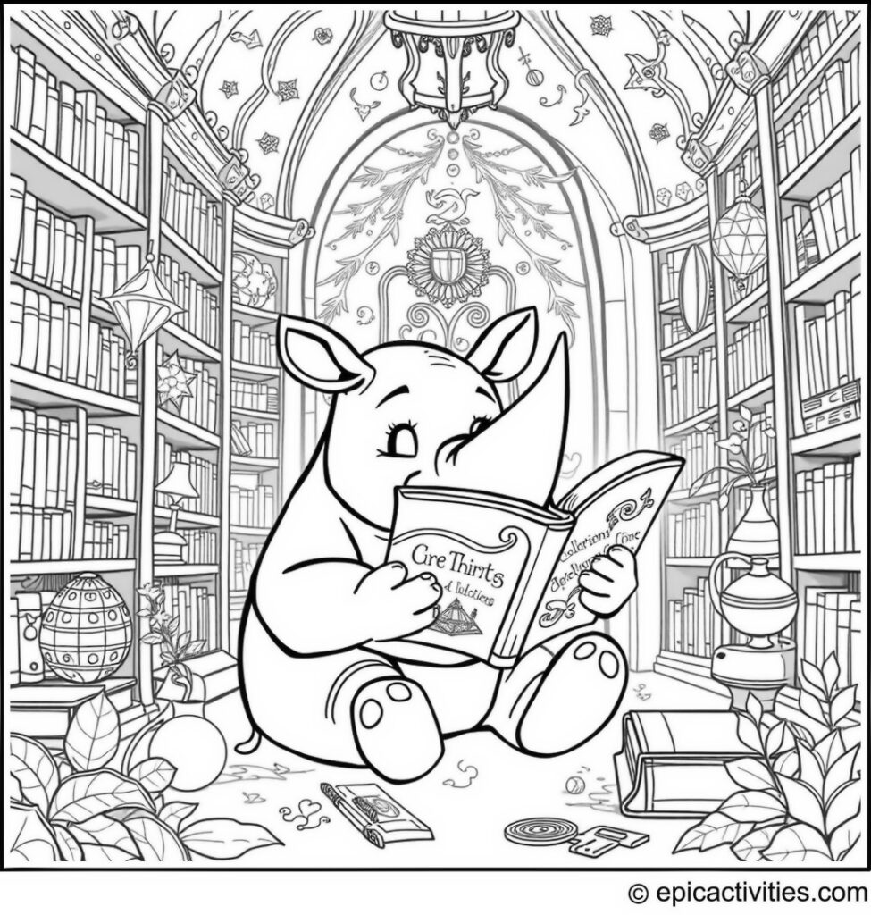 Coloring page of a Cartoon Rhino in a Magical Library