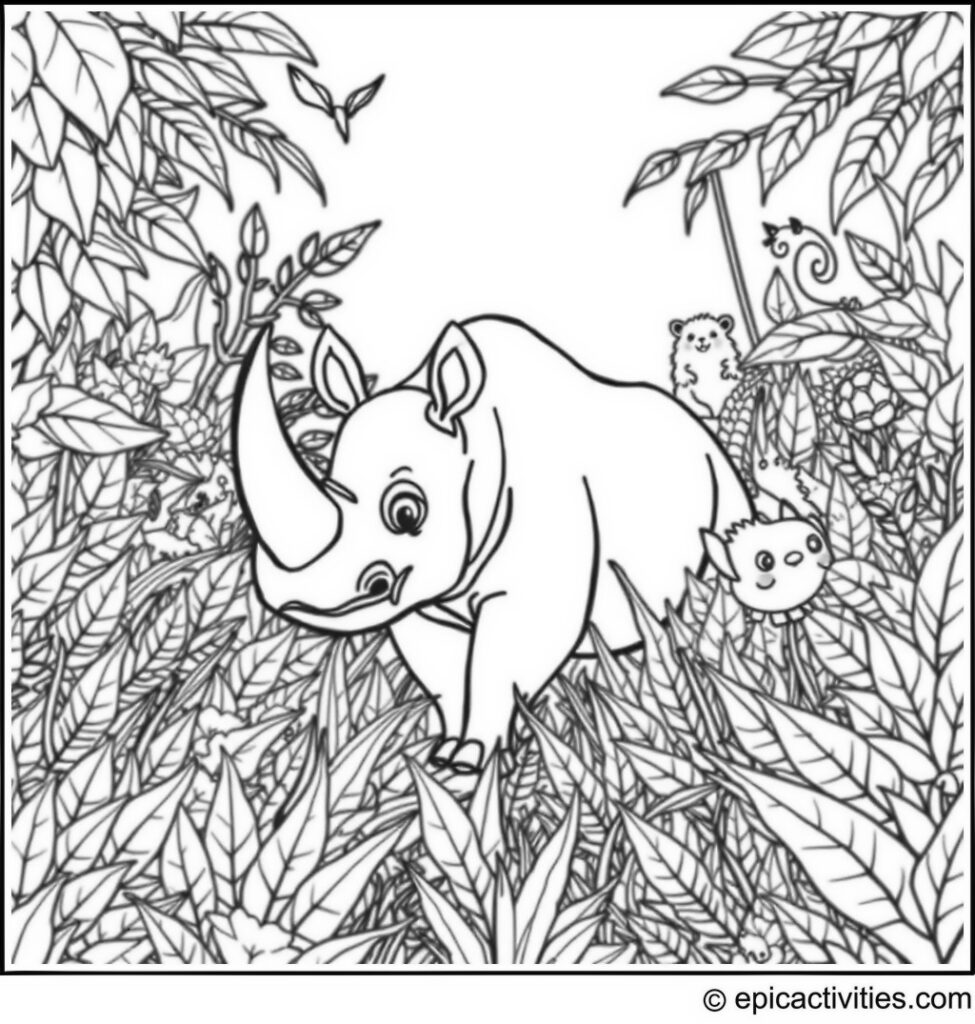 Coloring page of a Cartoon Rhino in a Magical Jungle Adventure